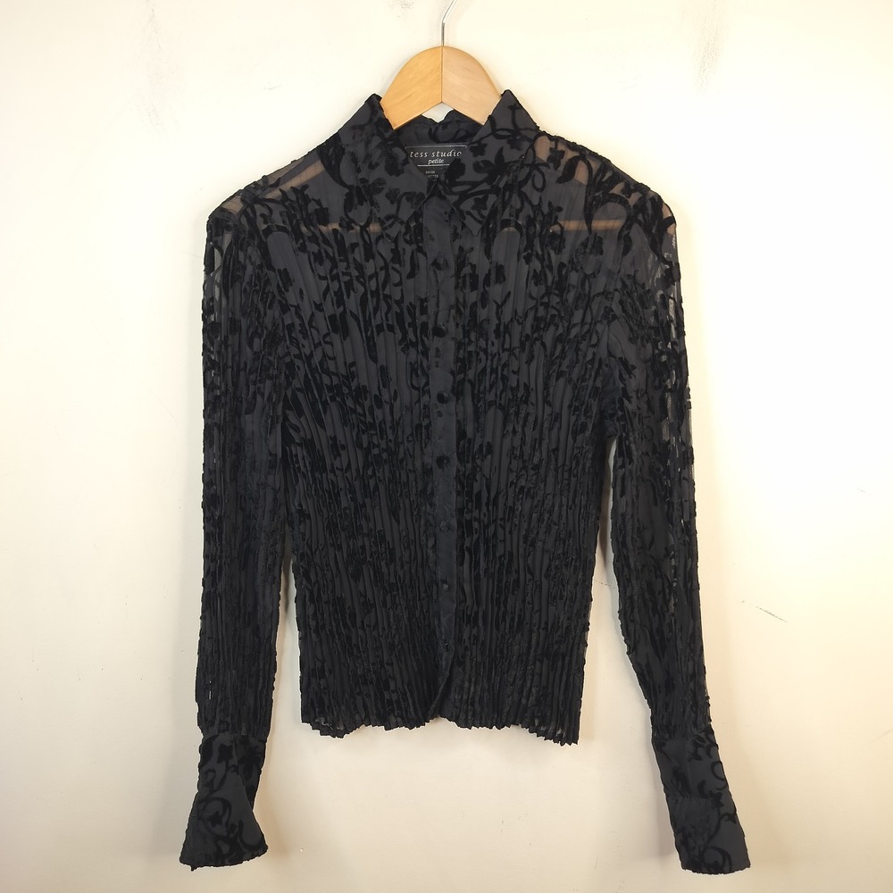 Tess Studio Floral Burnout Velvet Blouse Button Up Petite Small Sheer Black Goth